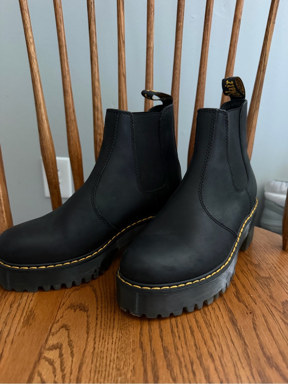 Dr. Martens Black Platform Chelsea Boots with Yellow Stitching